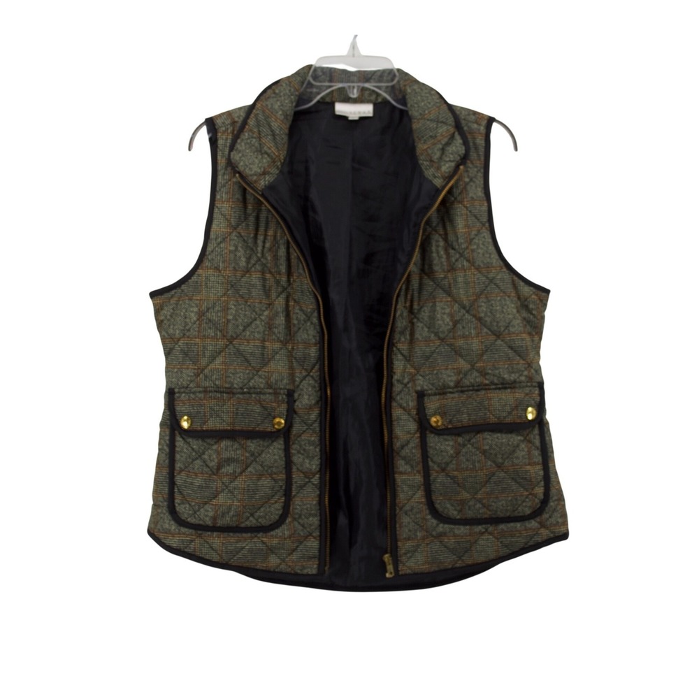 Kenar Quilted Vest Womens Large Green Plaid Countryside Layering Outdoors Casual